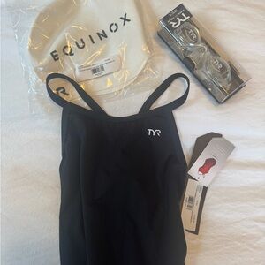 *Never Used* TYR Black Swimsuit + TYR Adult Goggles + White Equinox Swim Cap